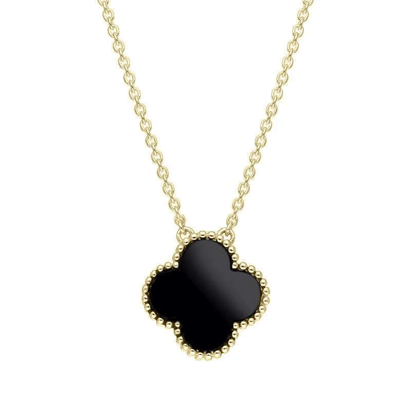 trendy chain necklaces 20259ct Yellow Gold Whitby Jet Bloom Large Four Leaf Clover Ball Edge Chain Necklace