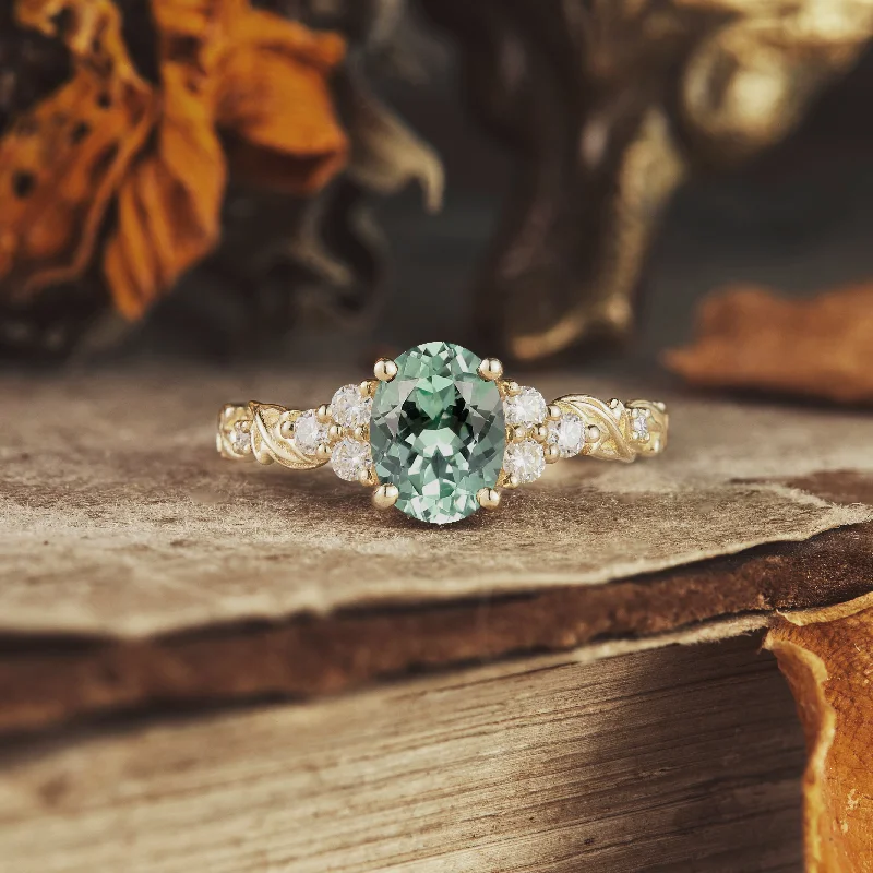 Men's Aquamarine Engagement Rings in 9K Gold with a Bezel - Set StoneOval Cut Green Sapphire Leaf Ring - Fern Men's Aquamarine Engagement Rings in 9K Gold with a Bezel - Set StoneOval Cut Green Sapphire Leaf Ring - Fern