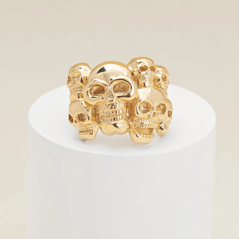 9K Yellow Gold 3D Multi Skull Ring