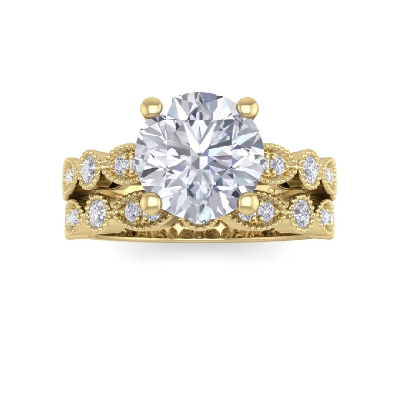9K Yellow Gold Round Brilliant Diamond Milgrain Bridal Set 2.25tdw