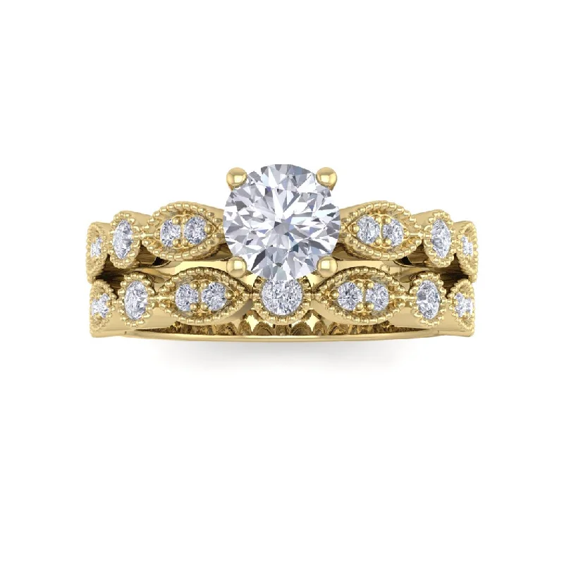 9K Yellow Gold Round Brilliant Diamond Milgrain Bridal Set 0.75tdw
