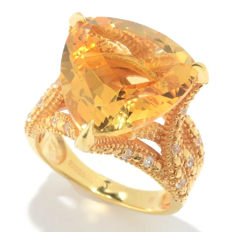 Emerald Gemstone Rings Set in Platinum with Filigree Work for a Vintage - Inspired Look18K YG o/Silver Trillion Citrine & White Zircon Cocktail Ring, Size 7 - Yellow Emerald Gemstone Rings Set in Platinum with Filigree Work for a Vintage - Inspired Look18K YG o/Silver Trillion Citrine & White Zircon Cocktail Ring, Size 7 - Yellow