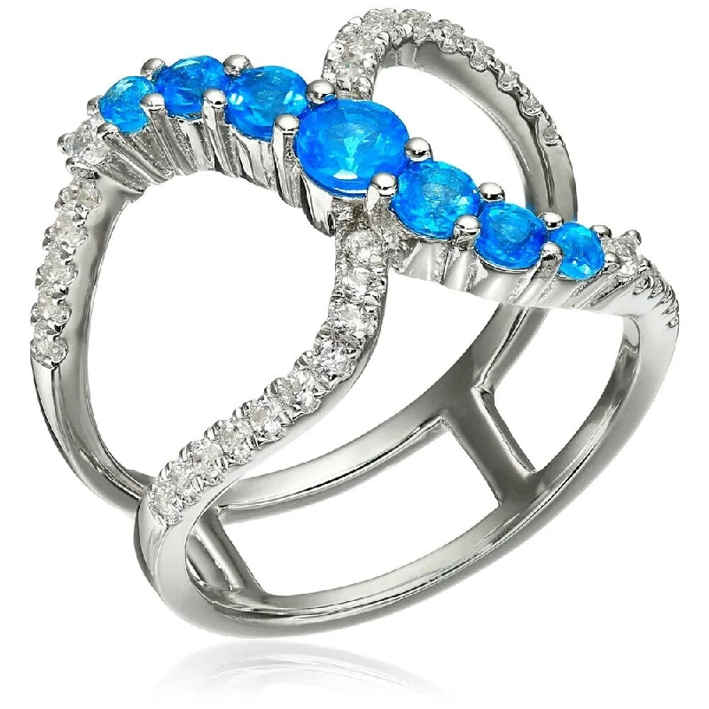 Agate Gemstone Rings in Sterling Silver with a Mosaic - Inspired Inlay for a Bohemian StyleSterling Silver Neon Apatite & Created White Sapphire Ring, Size 7 - Blue Agate Gemstone Rings in Sterling Silver with a Mosaic - Inspired Inlay for a Bohemian StyleSterling Silver Neon Apatite & Created White Sapphire Ring, Size 7 - Blue