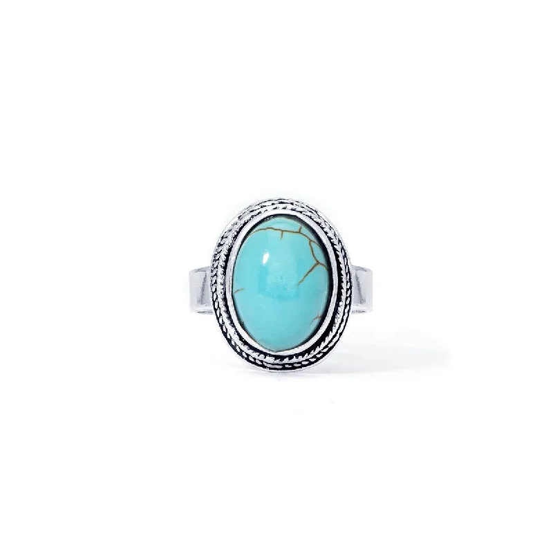 Turquoise Gemstone Rings in 925 Silver with a Southwestern - Inspired Design for a Rustic CharmSilver Plated Simulated Turquoise Oval Ring Turquoise Gemstone Rings in 925 Silver with a Southwestern - Inspired Design for a Rustic CharmSilver Plated Simulated Turquoise Oval Ring