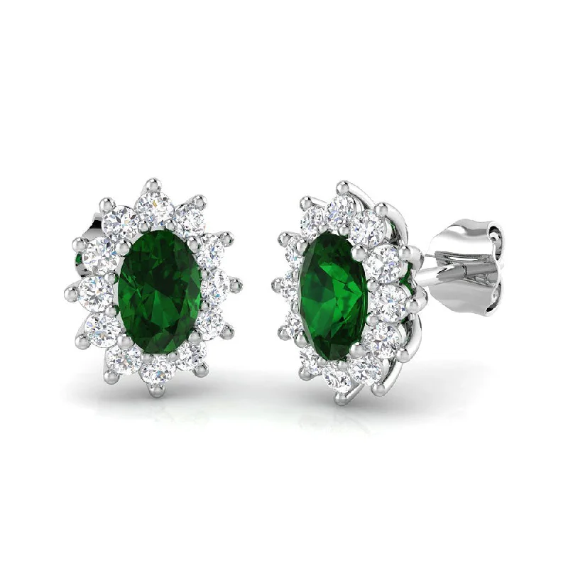 Oval Emerald & Diamond Cluster Stud Earrings