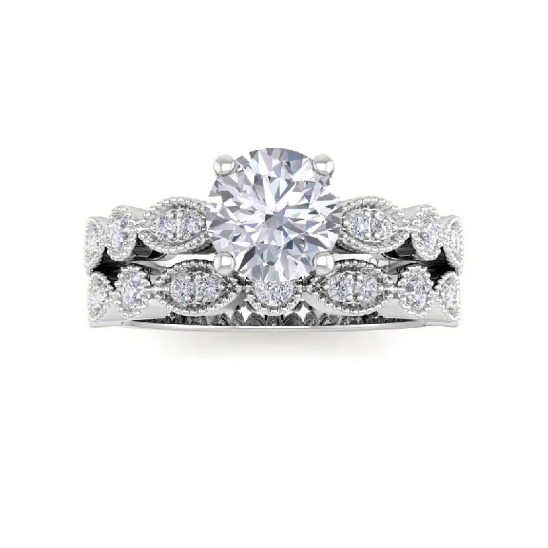 9K White Gold Round Brilliant Diamond Milgrain Bridal Set 1tdw