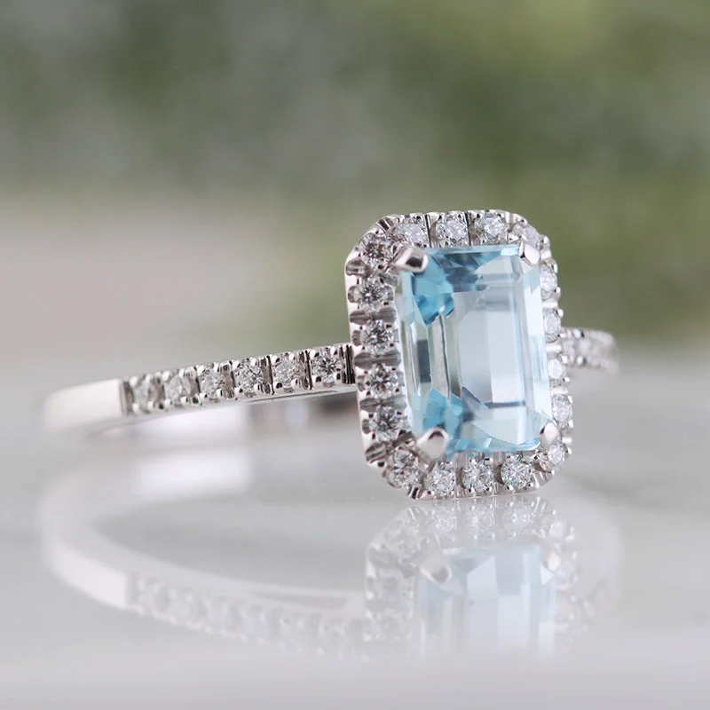 Octagon Aquamarine & Diamond Halo Ring