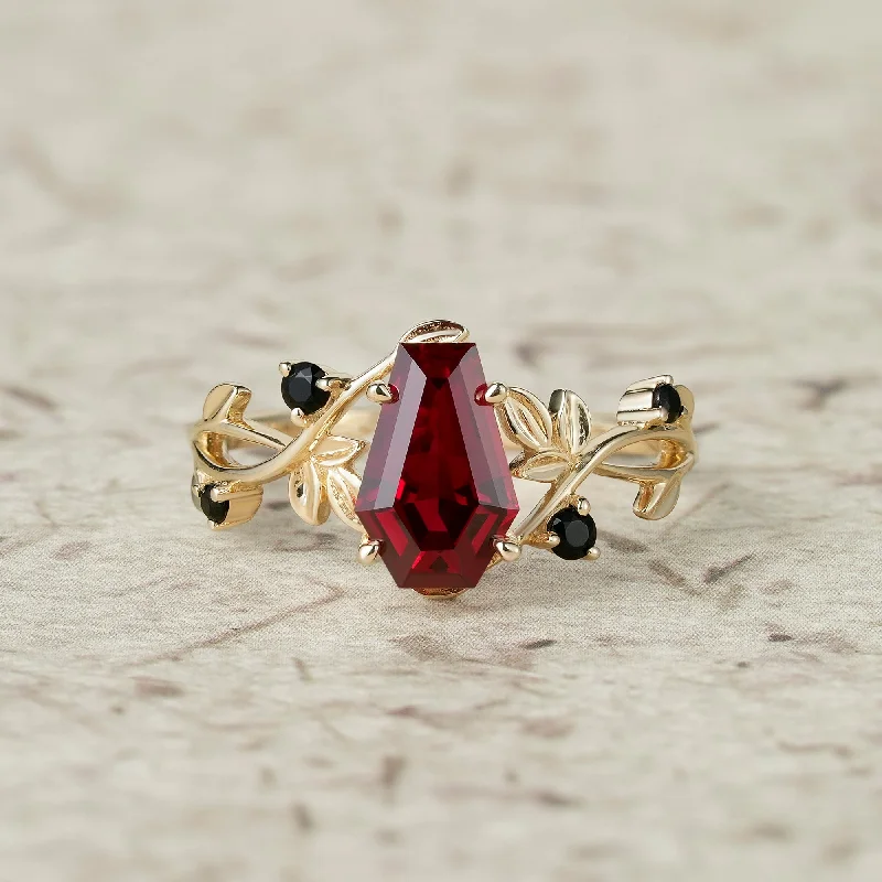 Men's Emerald Engagement Rings with 14K Yellow Gold and Vintage - Style Filigree6x9mm Coffin Shaped Ruby Leaf Ring - Grace Men's Emerald Engagement Rings with 14K Yellow Gold and Vintage - Style Filigree6x9mm Coffin Shaped Ruby Leaf Ring - Grace