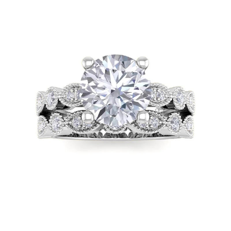 9K White Gold Round Brilliant Diamond Milgrain Bridal Set 1.75tdw