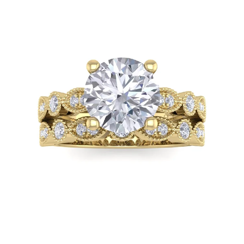 9K Yellow Gold Round Brilliant Diamond Milgrain Bridal Set 1.75tdw