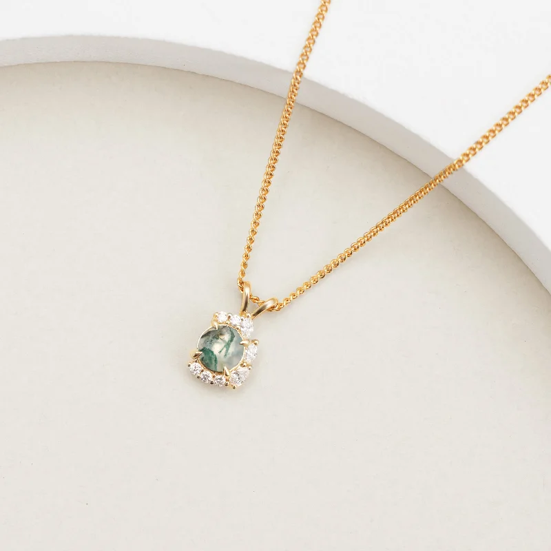 9K Yellow Gold Moss Agate Half Halo Diamond Pendant 0.55tdw