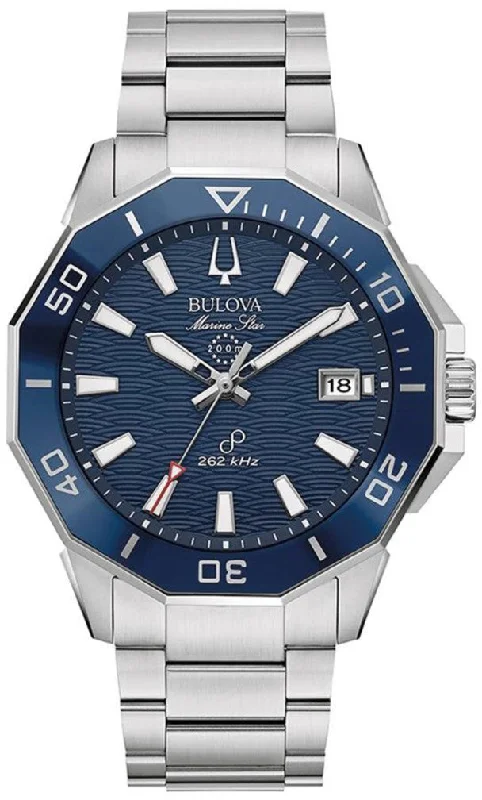 Sapphire - and - Diamond - Accented Wedding Bands in Platinum for a Royal and Sophisticated LookBulova Marine Star Precisionist Sapphire - and - Diamond - Accented Wedding Bands in Platinum for a Royal and Sophisticated LookBulova Marine Star Precisionist