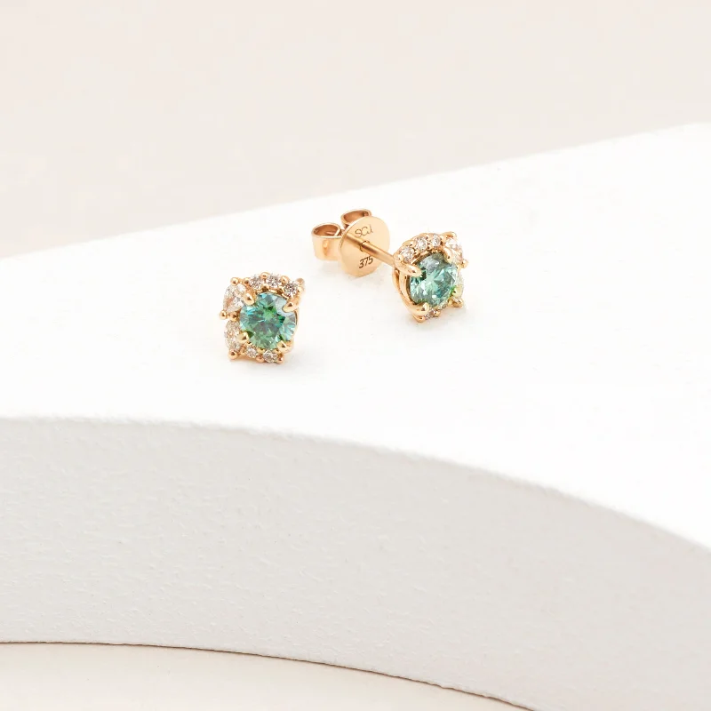9k Yellow Gold Teal Moissanite Half Halo Diamond Stud Earrings 0.38tdw