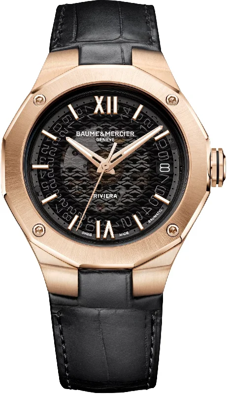 Matte - Black Ceramic Wedding Bands with a Polished Edge for a Sleek and Modern AppearanceBaume et Mercier Riviera Automatic Rose Gold Matte - Black Ceramic Wedding Bands with a Polished Edge for a Sleek and Modern AppearanceBaume et Mercier Riviera Automatic Rose Gold