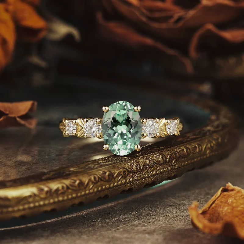 Men's Opal Engagement Rings in 10K Gold with a Milgrain - Trimmed BandOval Cut Green Sapphire Leaf Ring - Ailsa Men's Opal Engagement Rings in 10K Gold with a Milgrain - Trimmed BandOval Cut Green Sapphire Leaf Ring - Ailsa