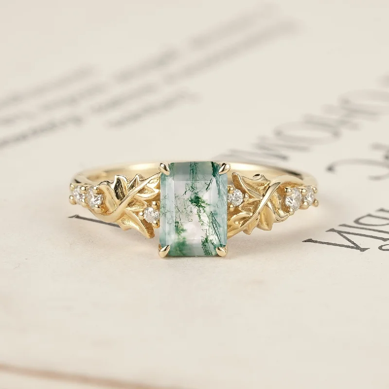 Men's Tourmaline Engagement Rings in 18K Two - Tone Gold with a Floral - Inspired SettingEnchanted Forest Emerald Cut Moss Agate Ring Men's Tourmaline Engagement Rings in 18K Two - Tone Gold with a Floral - Inspired SettingEnchanted Forest Emerald Cut Moss Agate Ring