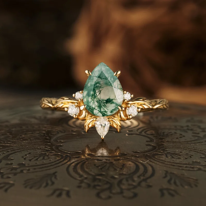Men's Tourmaline Engagement Rings in 18K Two - Tone Gold with a Floral - Inspired SettingGemsMagic Pear Moss Agate Leaf Engagement Ring Men's Tourmaline Engagement Rings in 18K Two - Tone Gold with a Floral - Inspired SettingGemsMagic Pear Moss Agate Leaf Engagement Ring