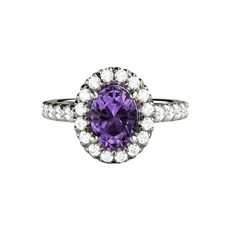 Men's Tanzanite Engagement Rings in Palladium with a Three - Stone ArrangementPurple Sapphire Engagement Ring Oval Halo with Pave Diamonds Men's Tanzanite Engagement Rings in Palladium with a Three - Stone ArrangementPurple Sapphire Engagement Ring Oval Halo with Pave Diamonds