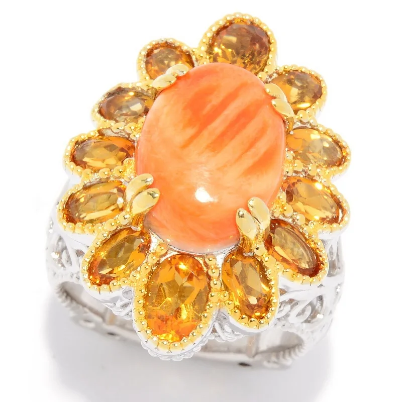 Emerald Gemstone Rings Set in Platinum with Filigree Work for a Vintage - Inspired LookDallas Prince Designs 14 x 10mm Oval Spiny Oyster & Sunset Citrine Flower Ring Emerald Gemstone Rings Set in Platinum with Filigree Work for a Vintage - Inspired LookDallas Prince Designs 14 x 10mm Oval Spiny Oyster & Sunset Citrine Flower Ring