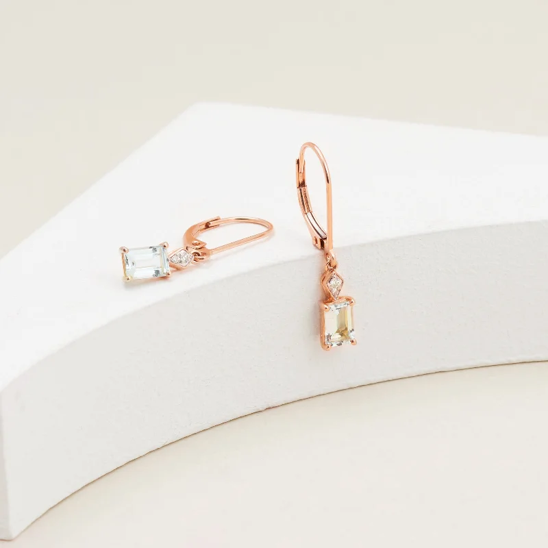 9K Yellow Gold Emerald Cut Aquamarine Diamond Accent Drop Earrings