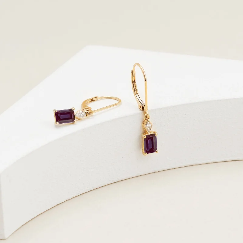 9K Yellow Gold Emerald Cut Created Alexandrite Diamond Accent Drop Earrings