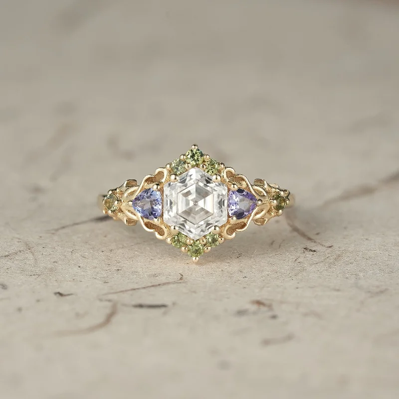 Men's Tourmaline Engagement Rings in 18K Two - Tone Gold with a Floral - Inspired SettingThree-Stone Moissanite Leaf Ring - Serena Men's Tourmaline Engagement Rings in 18K Two - Tone Gold with a Floral - Inspired SettingThree-Stone Moissanite Leaf Ring - Serena