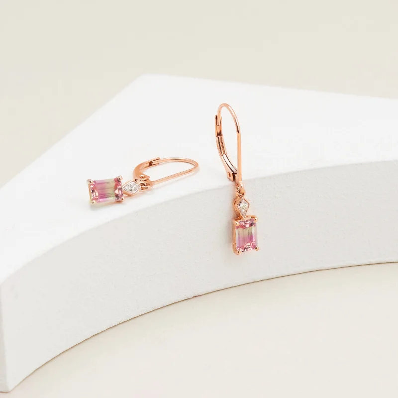 9K Rose Gold Emerald Cut Created Orange/Yellow Sapphire Diamond Accent Drop Earrings