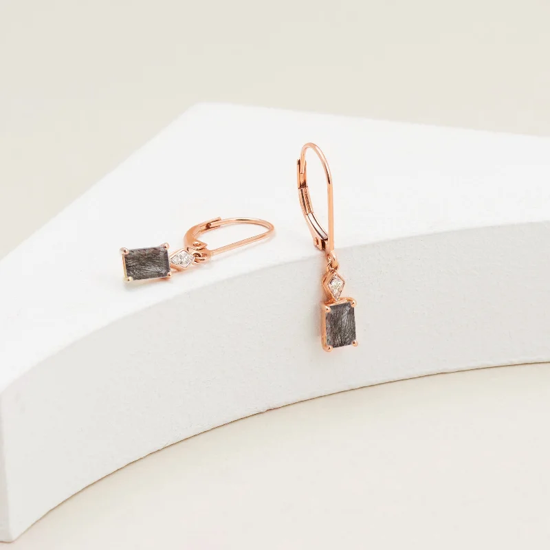9K Rose Gold Emerald Cut Black Rutilated Quartz Diamond Accent Drop Earrings