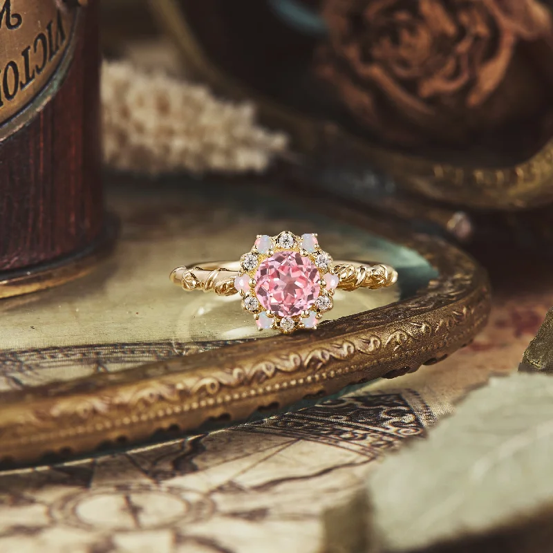 Men's Agate Engagement Rings in Sterling Silver with a Mosaic - Style InlayHalo Pink Padparadscha Ring - Abby Men's Agate Engagement Rings in Sterling Silver with a Mosaic - Style InlayHalo Pink Padparadscha Ring - Abby