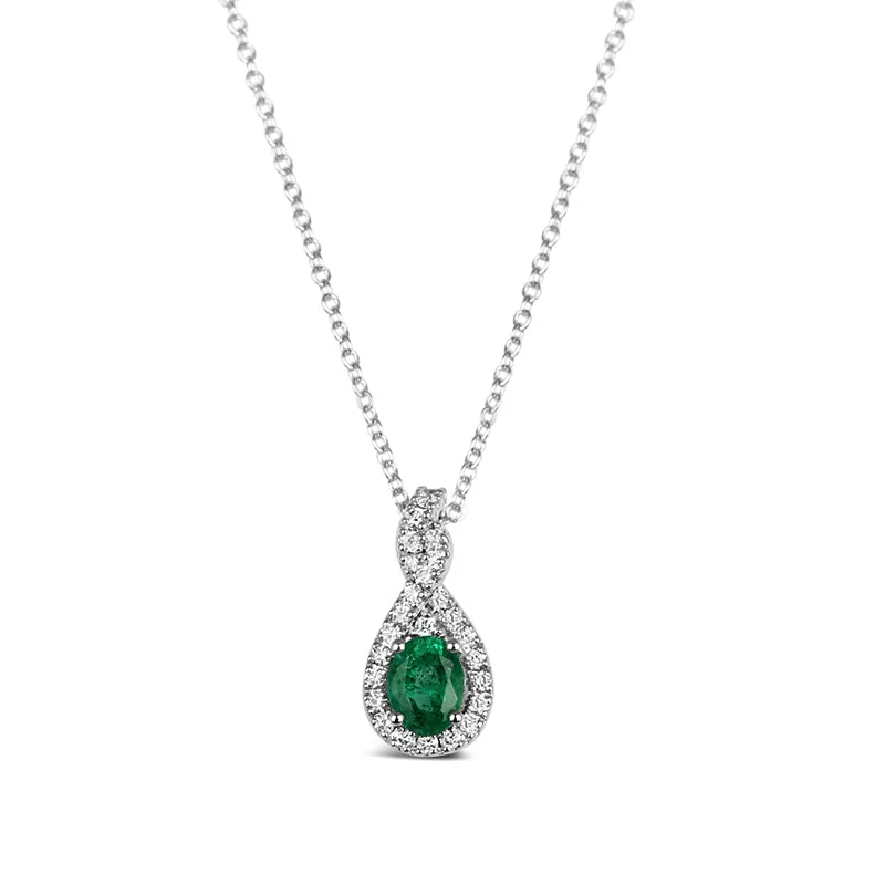 Twisted Emearld & Diamond Teardrop Halo Pendant