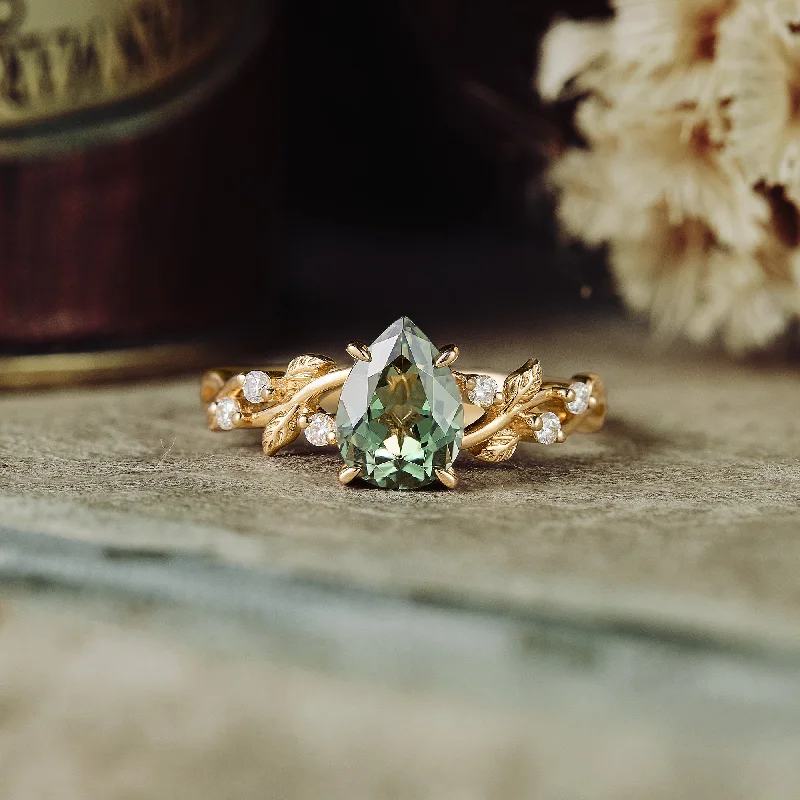 Men's Emerald Engagement Rings with 14K Yellow Gold and Vintage - Style FiligreeGemsMagic Green Sapphire Leaf Engagement Ring Men's Emerald Engagement Rings with 14K Yellow Gold and Vintage - Style FiligreeGemsMagic Green Sapphire Leaf Engagement Ring
