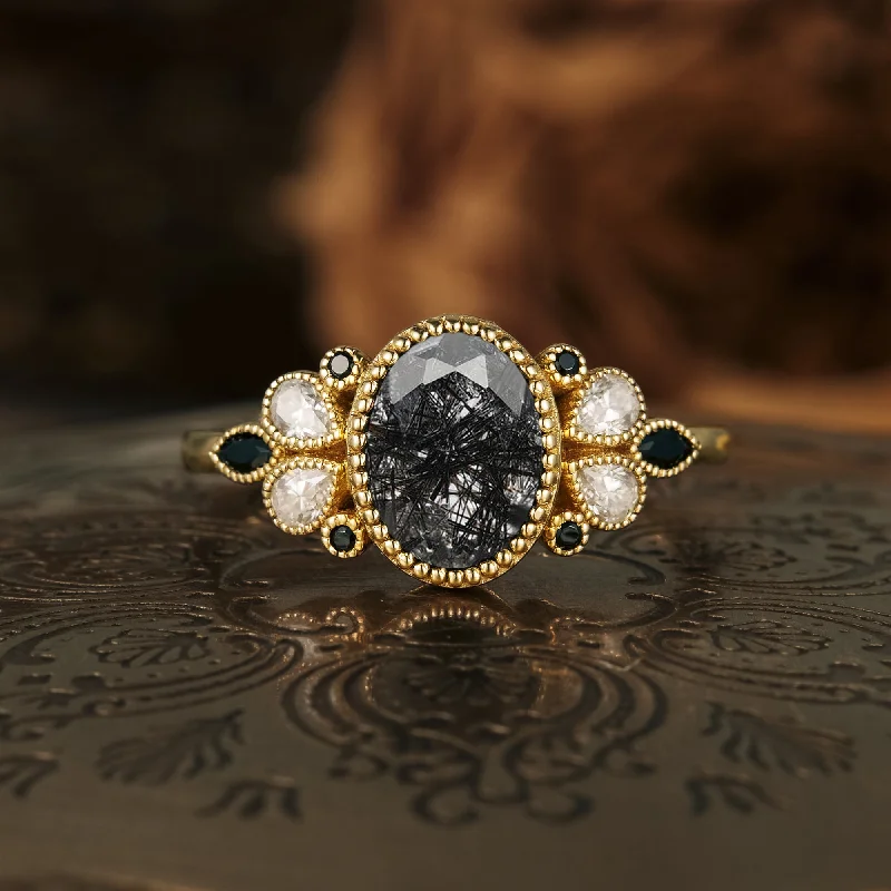 Men's Agate Engagement Rings in Sterling Silver with a Mosaic - Style InlayGemsMagic Vintage Black Rutilated Quartz Engagement Ring Men's Agate Engagement Rings in Sterling Silver with a Mosaic - Style InlayGemsMagic Vintage Black Rutilated Quartz Engagement Ring