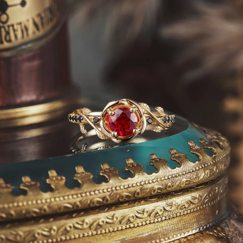 Men's Opal Engagement Rings in 10K Gold with a Milgrain - Trimmed BandBlooming Rose, Black Onyx and Ruby Ring Men's Opal Engagement Rings in 10K Gold with a Milgrain - Trimmed BandBlooming Rose, Black Onyx and Ruby Ring