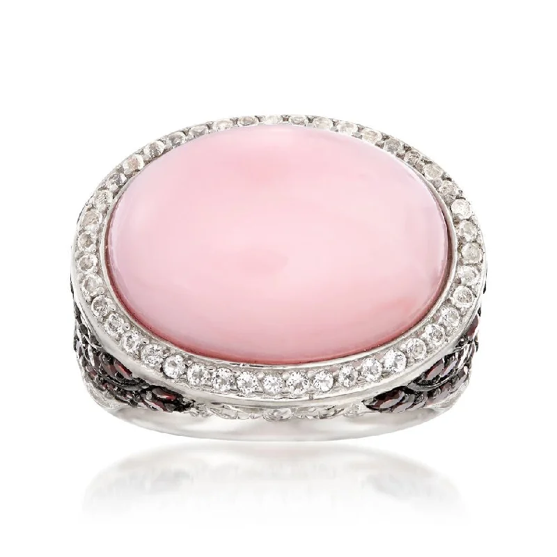 Agate Gemstone Rings in Sterling Silver with a Mosaic - Inspired Inlay for a Bohemian Style925 Sterling Silver Pink Opal, Red Garnet,White Topaz Ring Agate Gemstone Rings in Sterling Silver with a Mosaic - Inspired Inlay for a Bohemian Style925 Sterling Silver Pink Opal, Red Garnet,White Topaz Ring