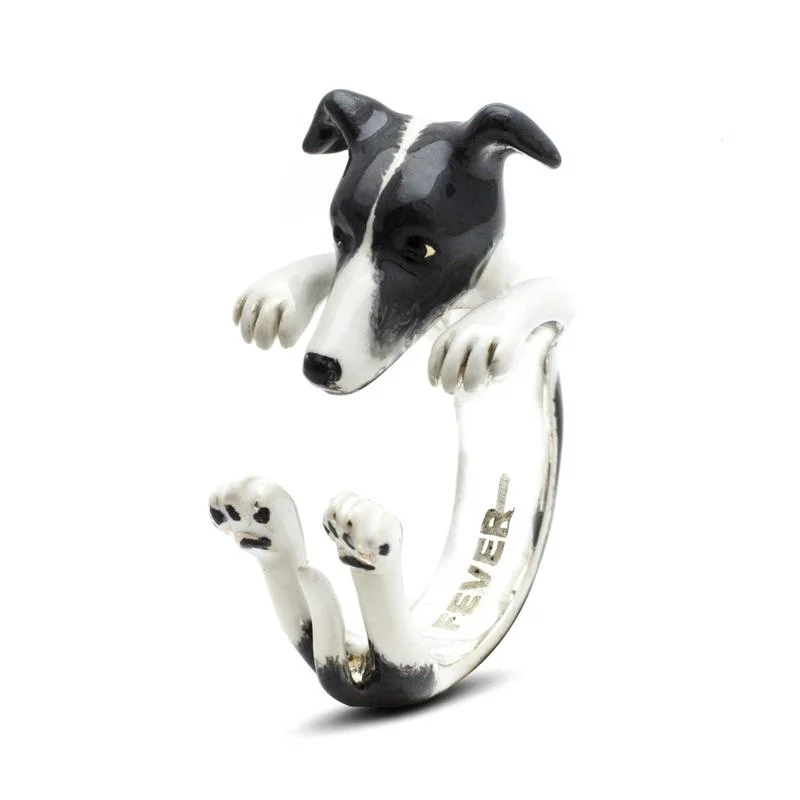 Dog Fever Sterling Silver Enamelled Whippet Hug Ring D