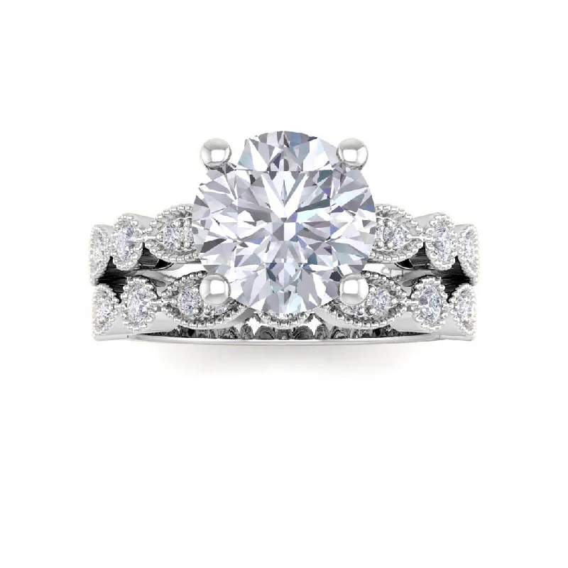 9K White Gold Round Brilliant Diamond Milgrain Bridal Set 2.25tdw