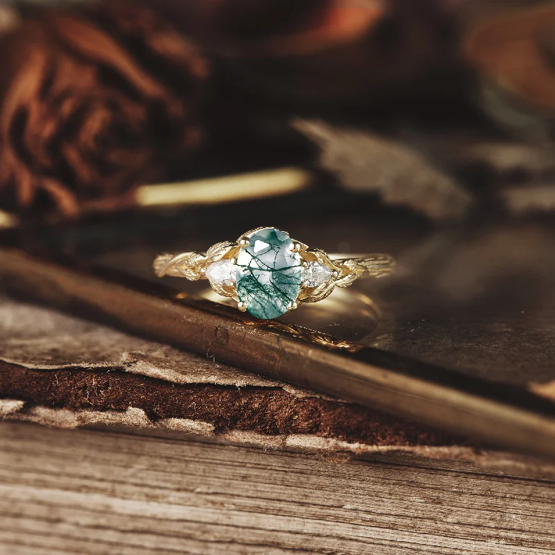 Men's Agate Engagement Rings in Sterling Silver with a Mosaic - Style InlayThree-Stone Moss Agate and Moissanite Ring - Elowen Men's Agate Engagement Rings in Sterling Silver with a Mosaic - Style InlayThree-Stone Moss Agate and Moissanite Ring - Elowen