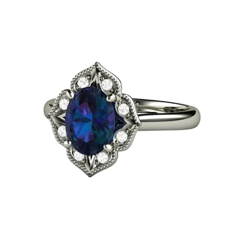 Men's Sapphire Engagement Rings in 18K White Gold with Pave Diamond AccentsOval Alexandrite Engagement Ring | Vintage Style Halo | Art Deco Design Men's Sapphire Engagement Rings in 18K White Gold with Pave Diamond AccentsOval Alexandrite Engagement Ring | Vintage Style Halo | Art Deco Design