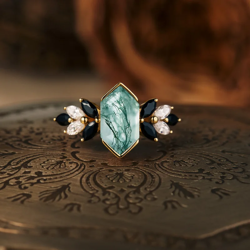 Men's Emerald Engagement Rings with 14K Yellow Gold and Vintage - Style FiligreeGemsMagic Unique Long Hexagon Cut Moss Agate Ring Men's Emerald Engagement Rings with 14K Yellow Gold and Vintage - Style FiligreeGemsMagic Unique Long Hexagon Cut Moss Agate Ring