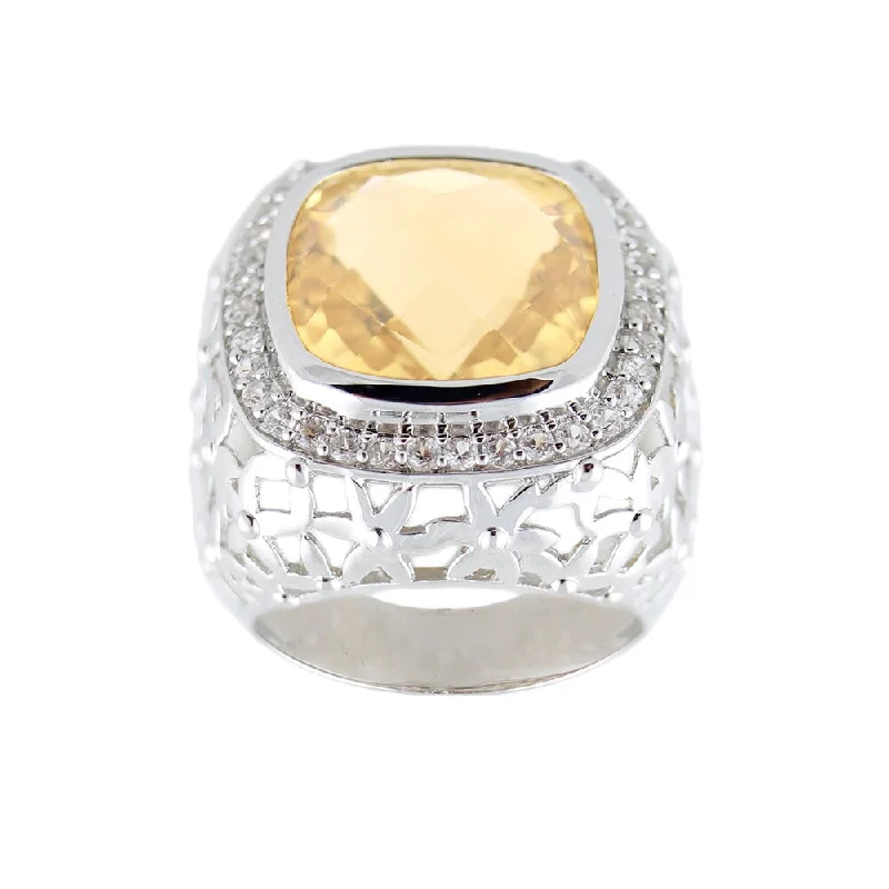 Agate Gemstone Rings in Sterling Silver with a Mosaic - Inspired Inlay for a Bohemian StyleSterling Silver 11.4ct TGW Citrine and White Zircon Flower Halo Ring Agate Gemstone Rings in Sterling Silver with a Mosaic - Inspired Inlay for a Bohemian StyleSterling Silver 11.4ct TGW Citrine and White Zircon Flower Halo Ring