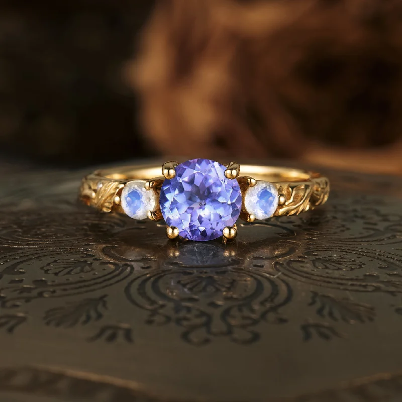 Men's Moonstone Engagement Rings in Silver - Plated Copper with a Celtic Knot PatternGemsMagic Round Tanzanite Moonstone Cluster Engagement Ring Men's Moonstone Engagement Rings in Silver - Plated Copper with a Celtic Knot PatternGemsMagic Round Tanzanite Moonstone Cluster Engagement Ring