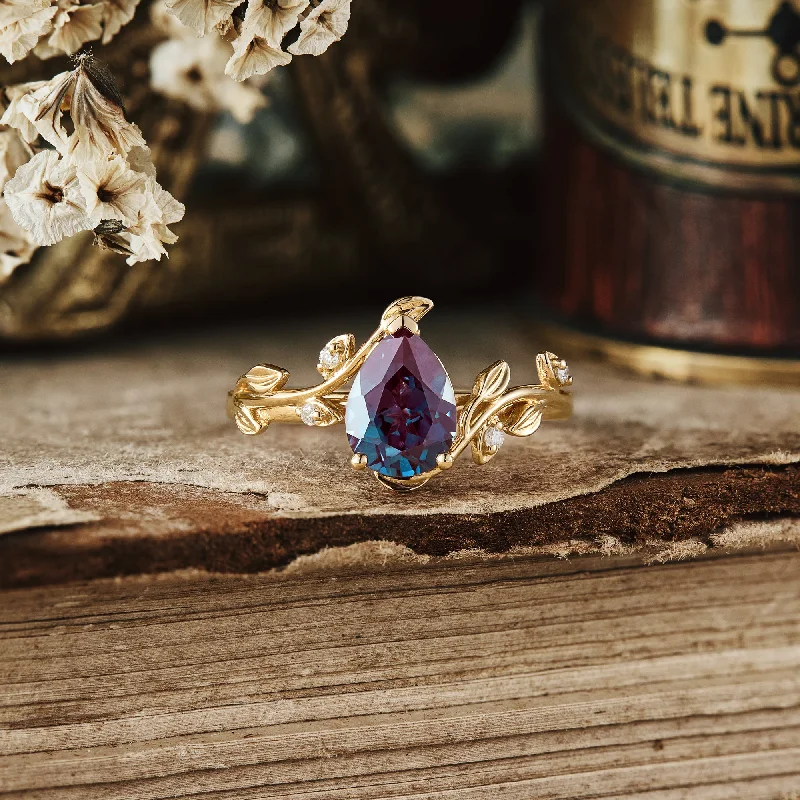 Men's Garnet Engagement Rings in 18K Gold Vermeil with Intricate Engraved DetailsGemsMagic Pear Cut Alexandrite Engagement Ring - Olivia