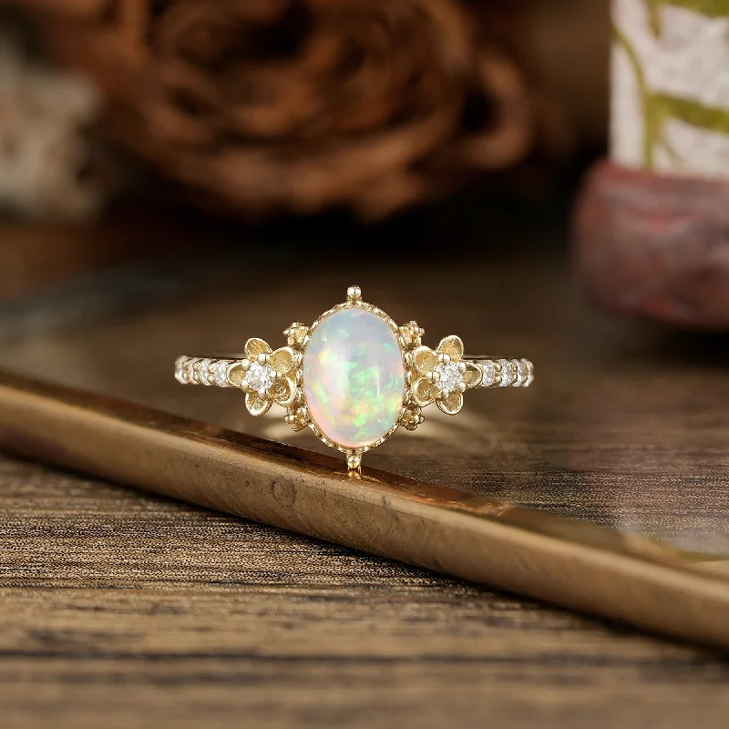 Men's Emerald Engagement Rings with 14K Yellow Gold and Vintage - Style FiligreeHera's Opal Garden: A Floral and Leafy Ring Men's Emerald Engagement Rings with 14K Yellow Gold and Vintage - Style FiligreeHera's Opal Garden: A Floral and Leafy Ring