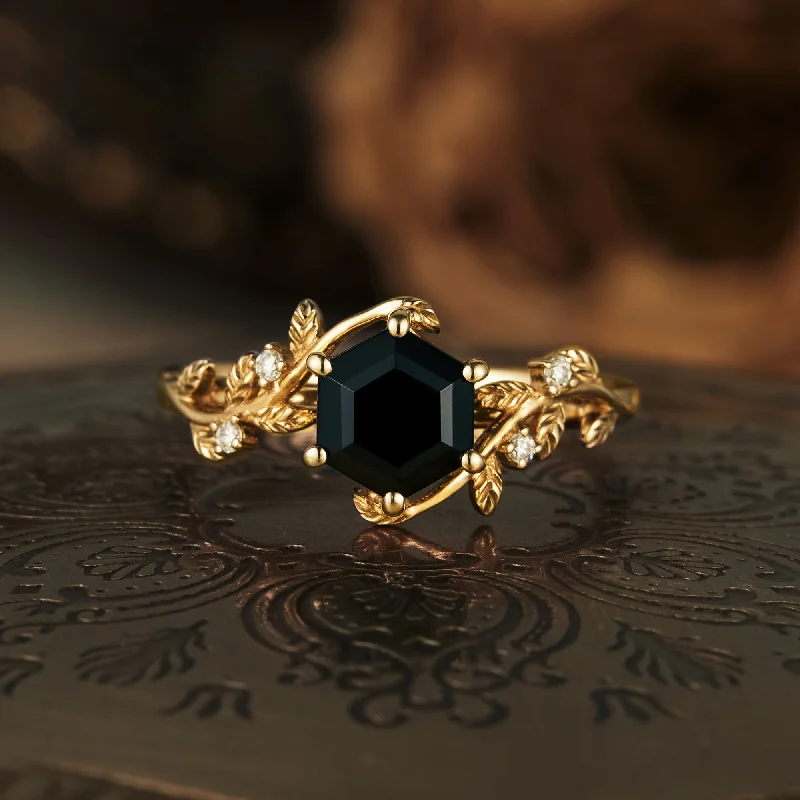 Men's Garnet Engagement Rings in 18K Gold Vermeil with Intricate Engraved DetailsGemsMagic Mistletoe Inspired Black Onyx Leaf Engagement Ring