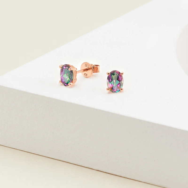 9K Rose Gold Oval Mystic Topaz Stud Earrings