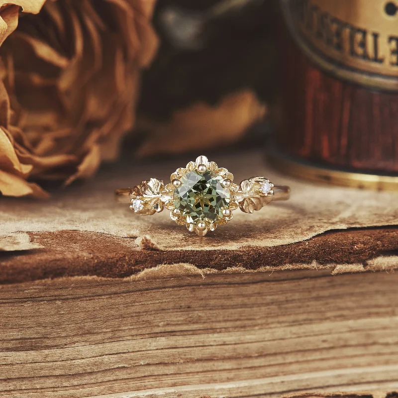 Men's Garnet Engagement Rings in 18K Gold Vermeil with Intricate Engraved DetailsBeekeeper Garden Ring with Green Sapphire
