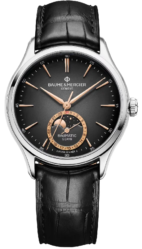 Matte - Black Ceramic Wedding Bands with a Polished Edge for a Sleek and Modern AppearanceBaume et Mercier Clifton Moon Phase Matte - Black Ceramic Wedding Bands with a Polished Edge for a Sleek and Modern AppearanceBaume et Mercier Clifton Moon Phase