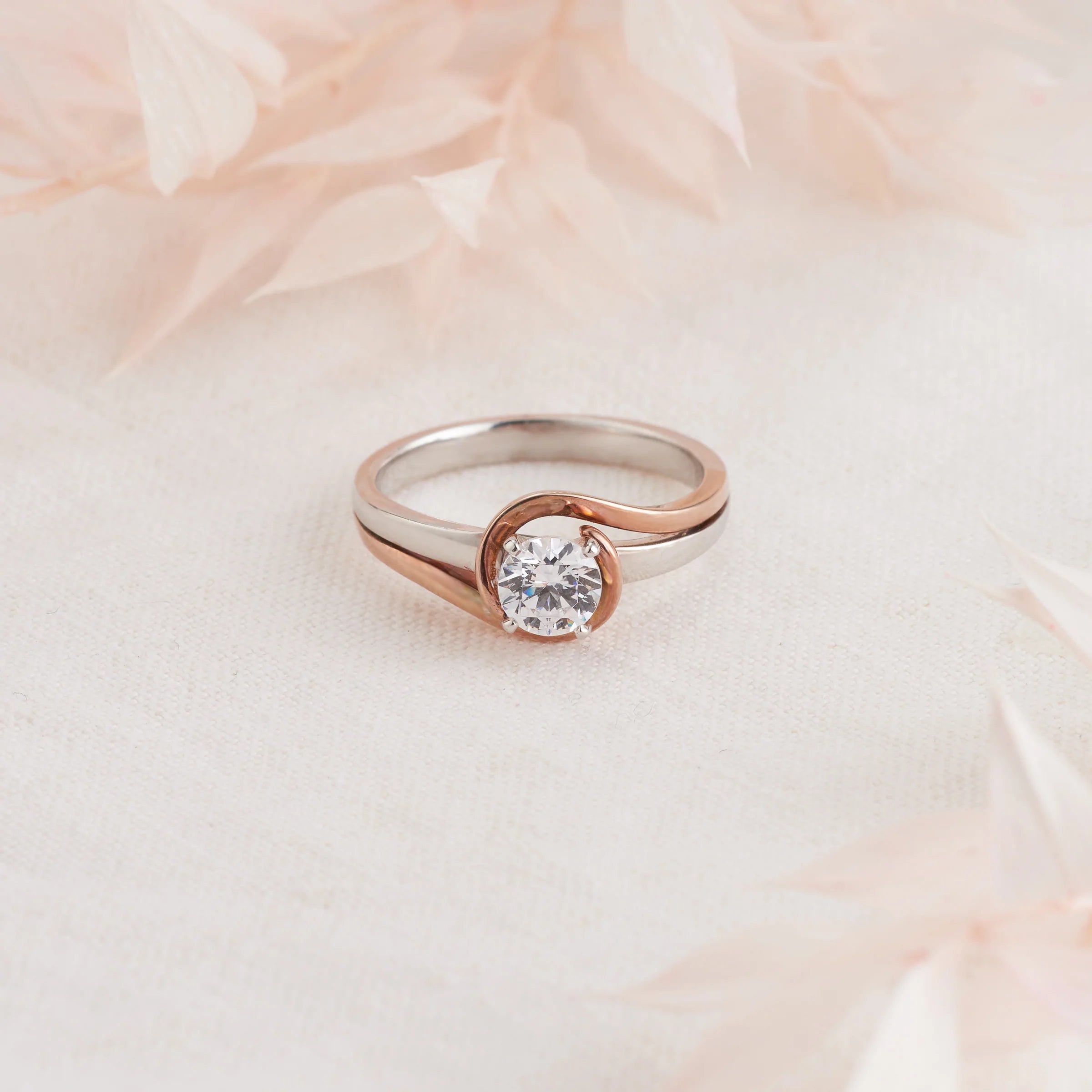 18K Rose and White Gold Round Brilliant Diamond Solitaire Swirl Engagement Ring 0.65tdw