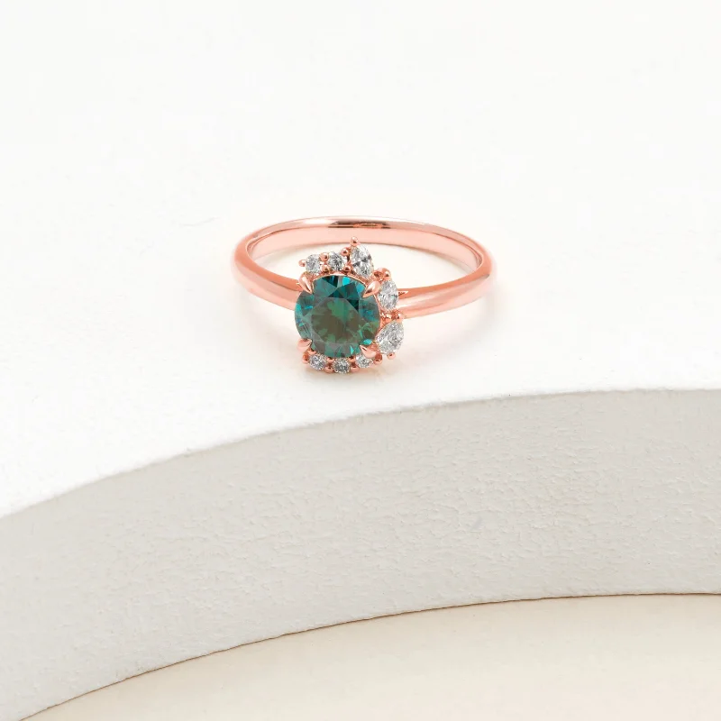 9K Rose Gold Teal Moissanite and Diamond Half Halo Ring 0.55tdw