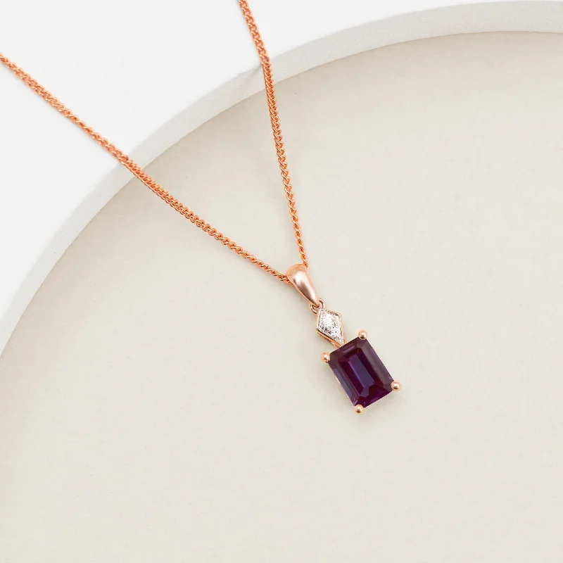 9K Rose Gold Emerald Cut Created Alexandrite Diamond Accents Pendant